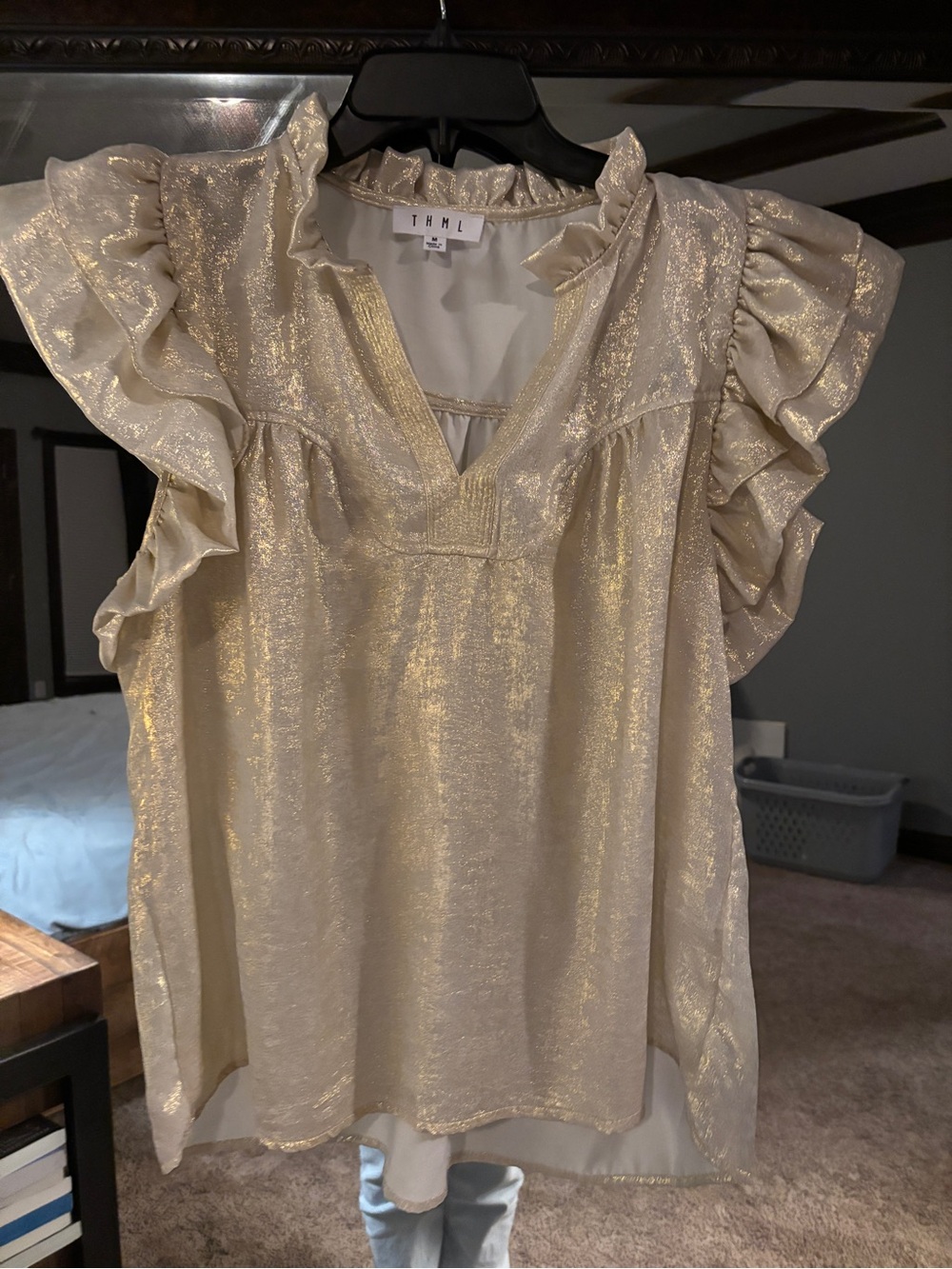THML Gold Metallic Ruffle Sleeve V-Neck Blouse